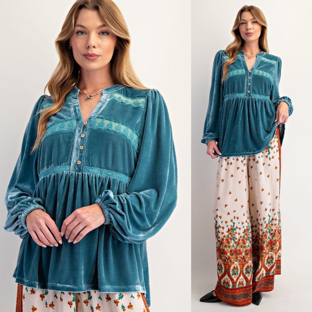 EASEL Velvet Blue Balloon Sleeves Inset Lace Trim Top